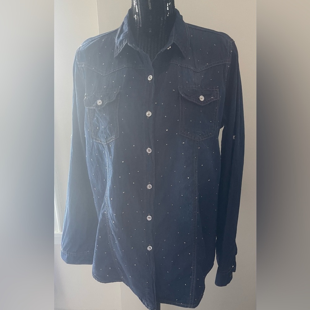Vintage EVIDENCE Dark Denim Blue Bling Shirt Size XL
